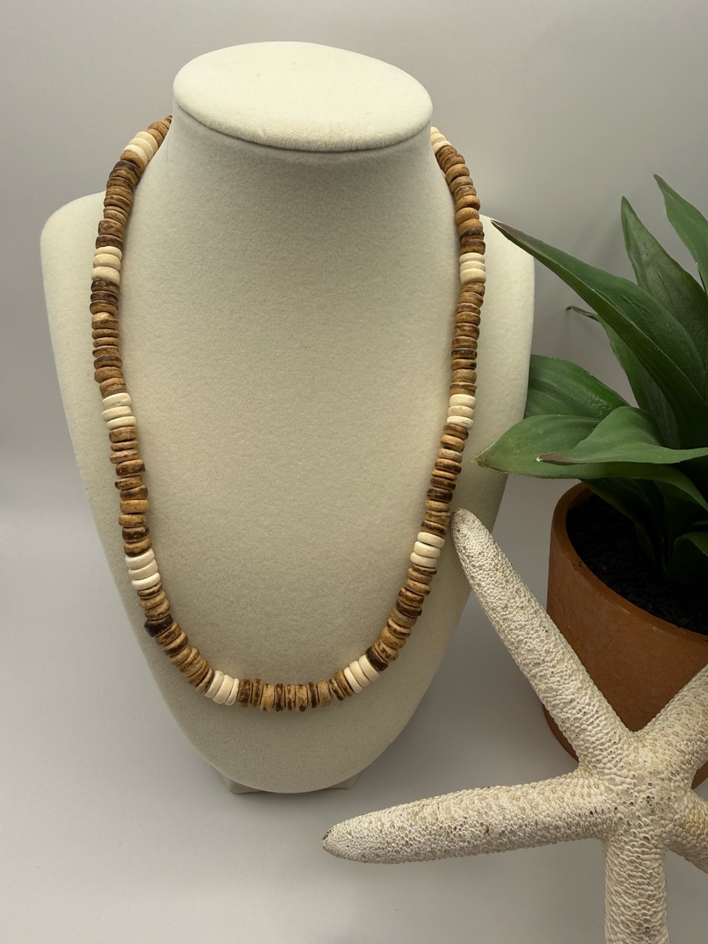 Handcrafted Coconut Shell Bead Necklace 20” Unisex Beach Boho Surfer Tropical